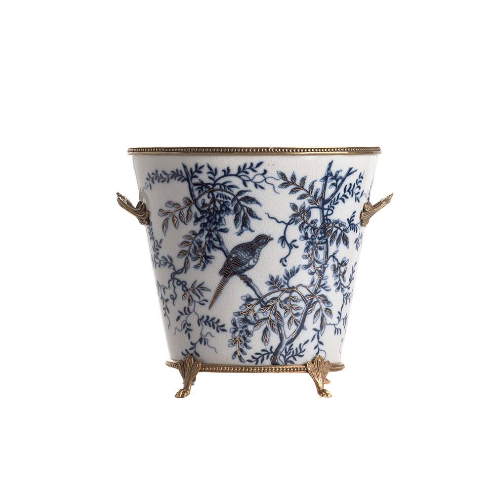 Oval bird cachepot porcelain and bronze
