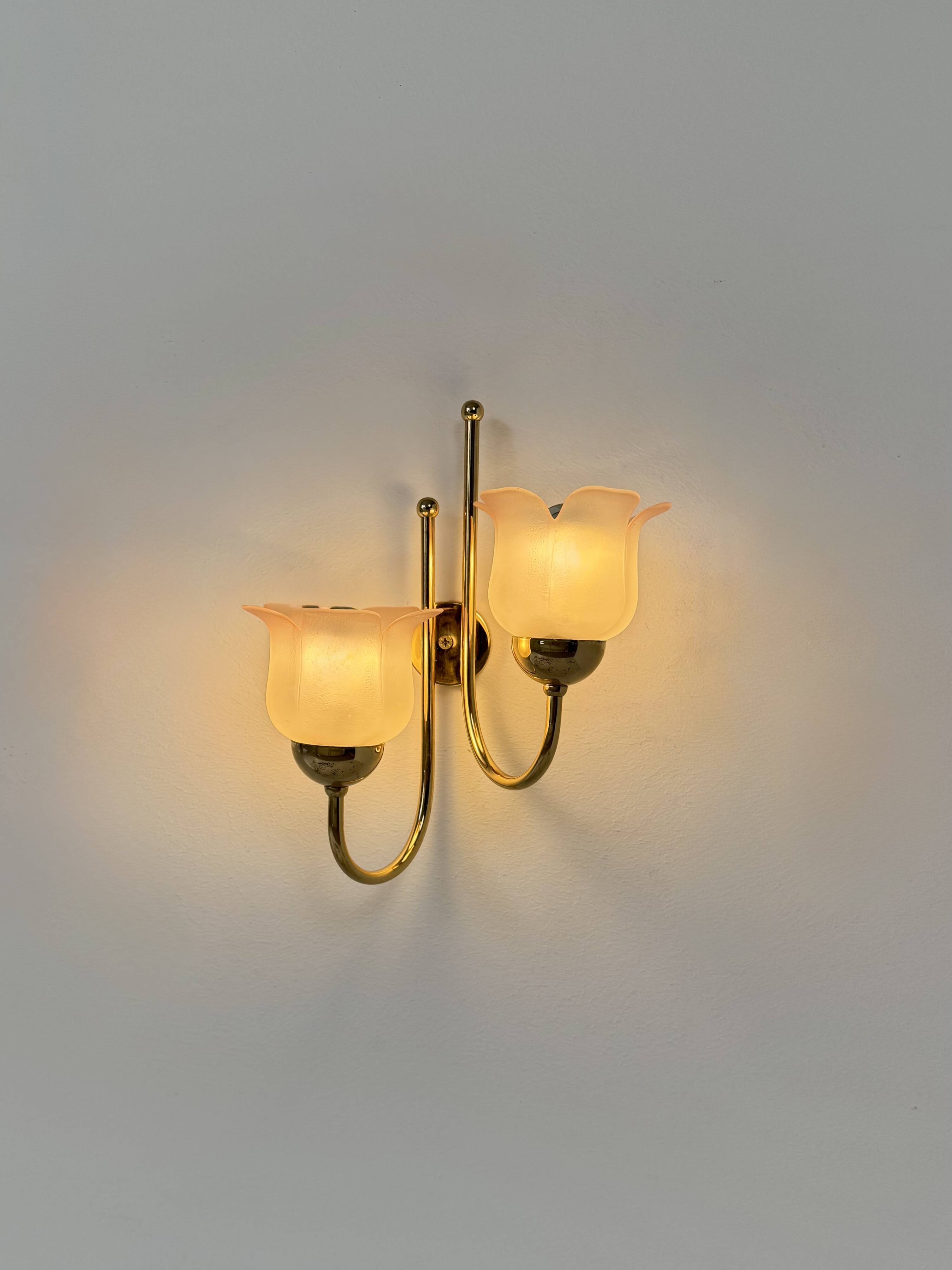 Vintage wall light, brass and frosted pink moulded glass, France, 1980.