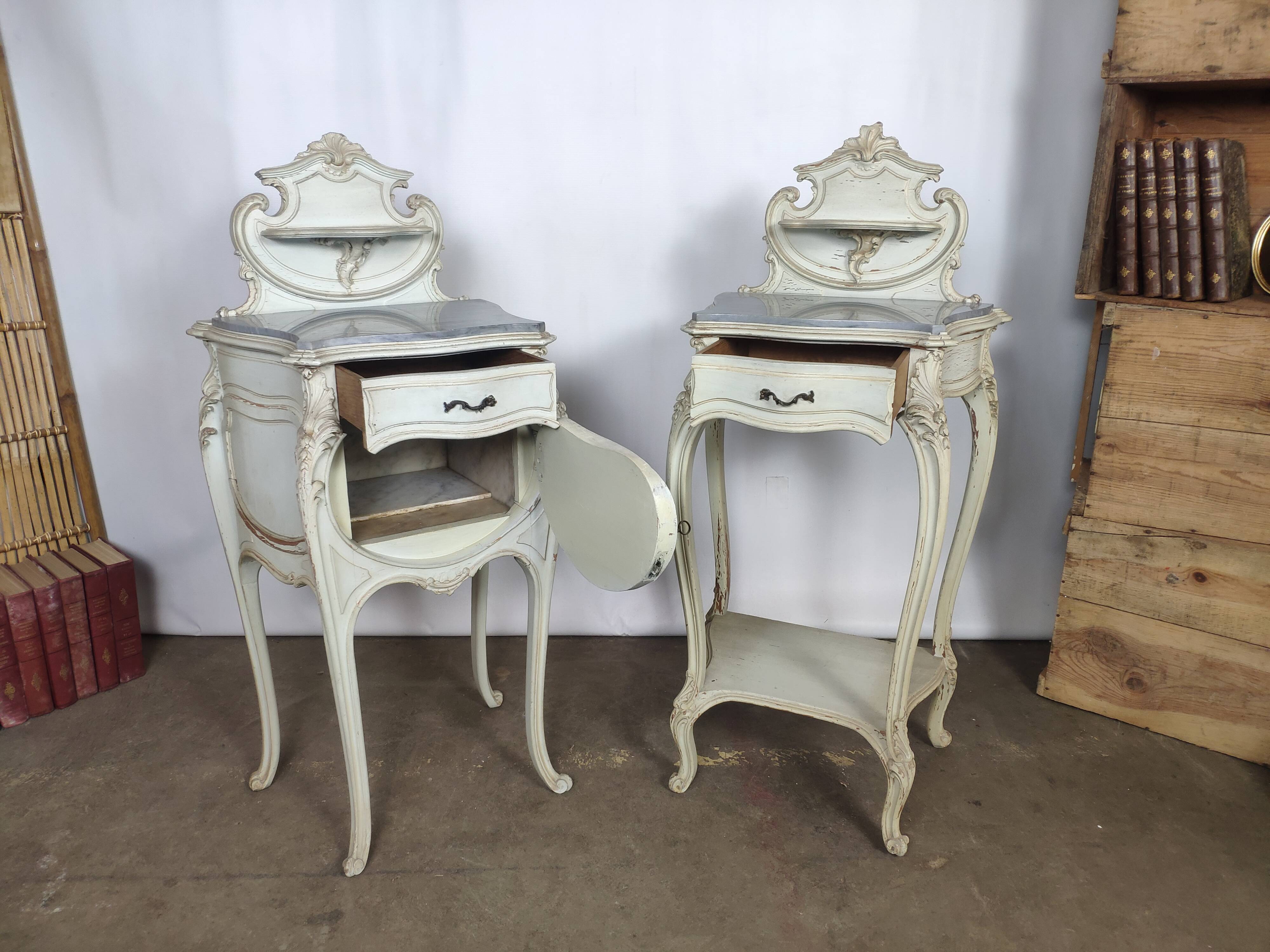 Louis XV white rock bedside pair