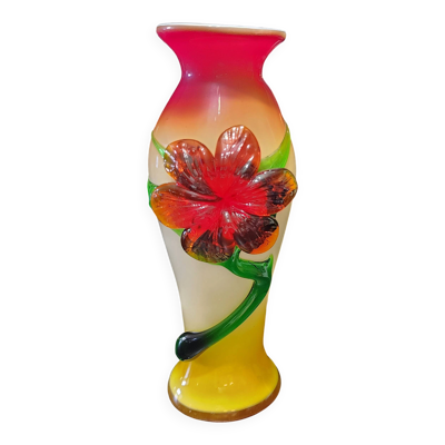 Vase vintage verre rouge et jaune à décor de fleur