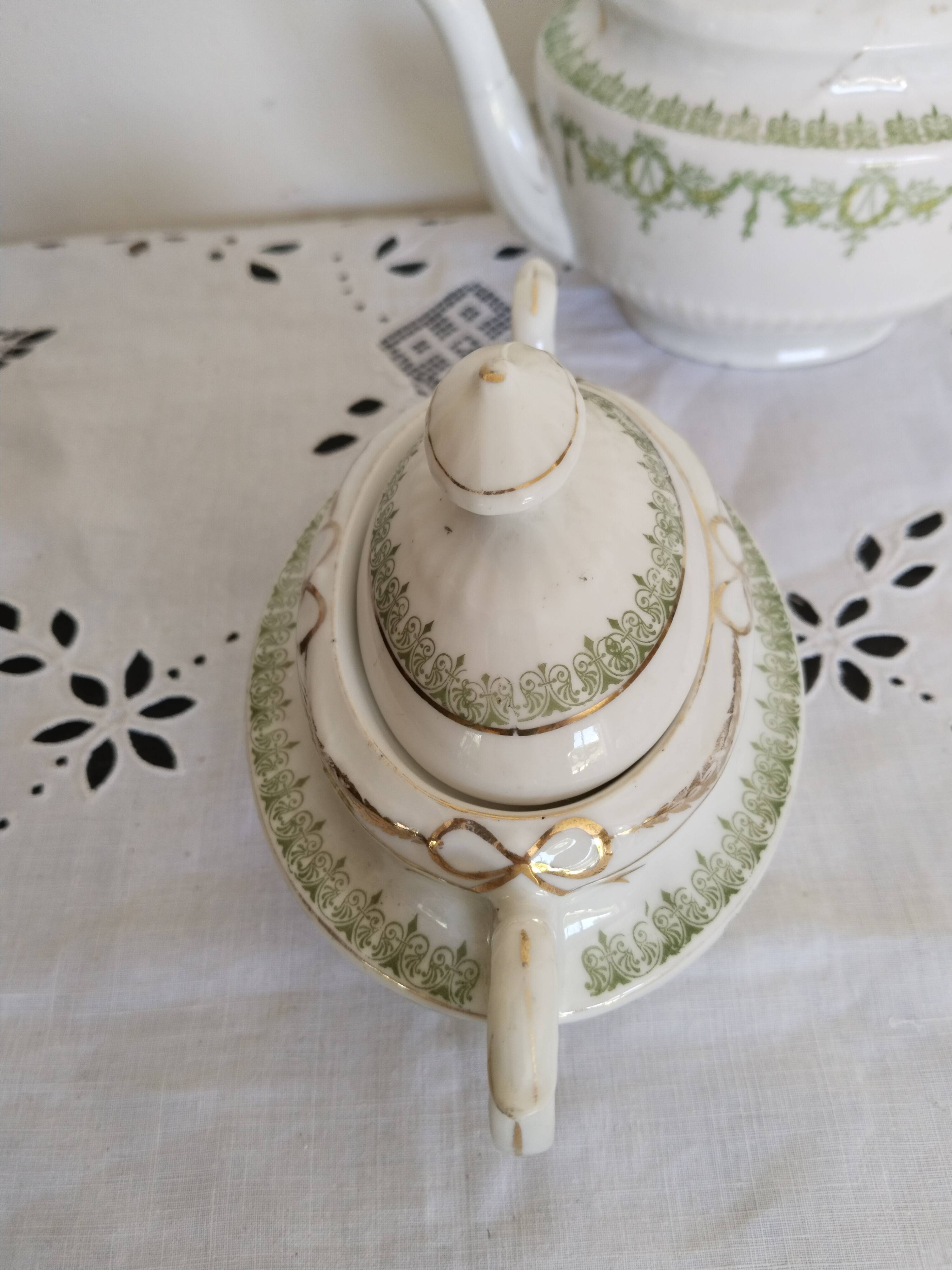 English porcelain tea service, green and gold, antique