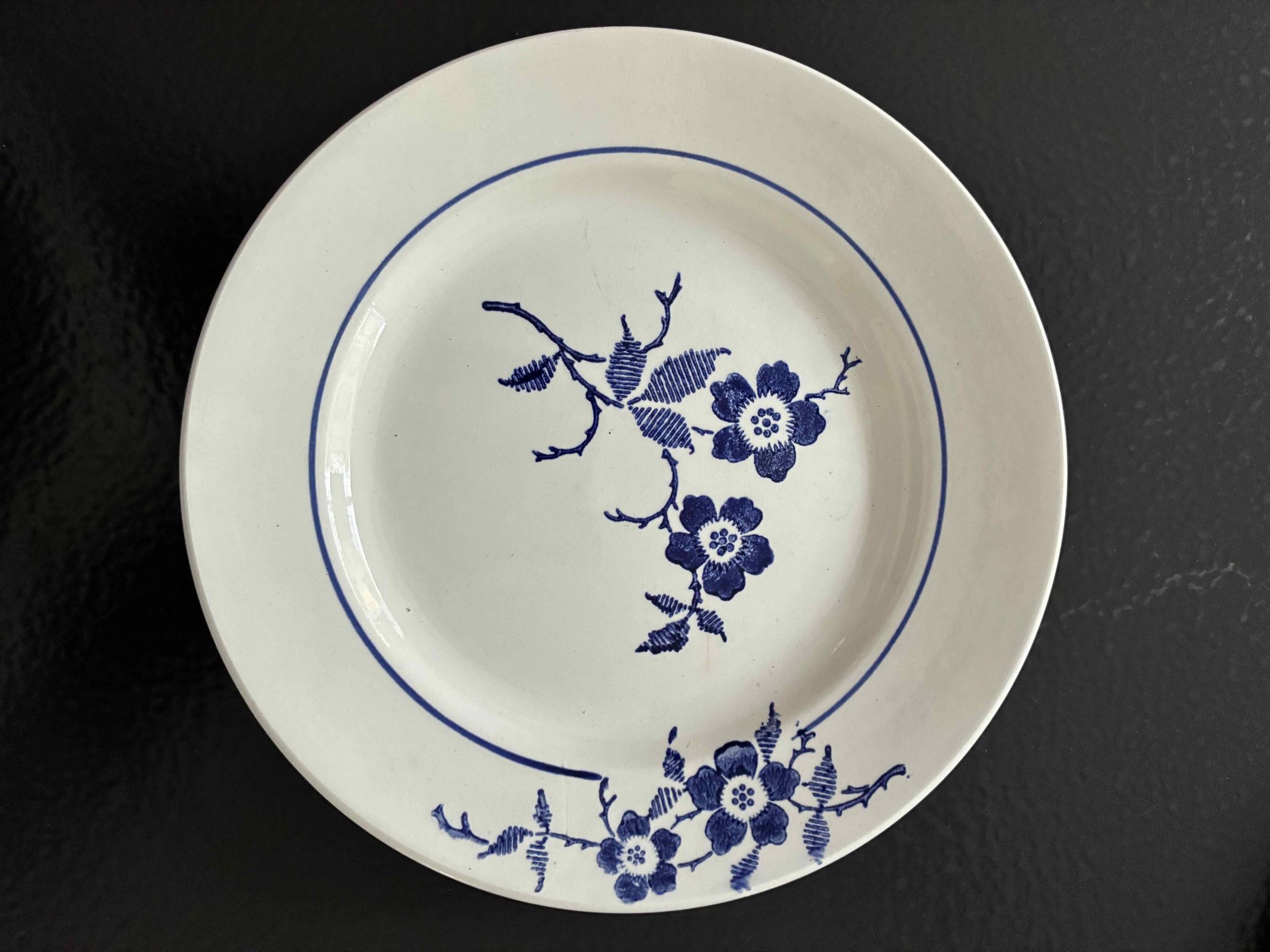 Set of 3 antique blue faience dessert plates.