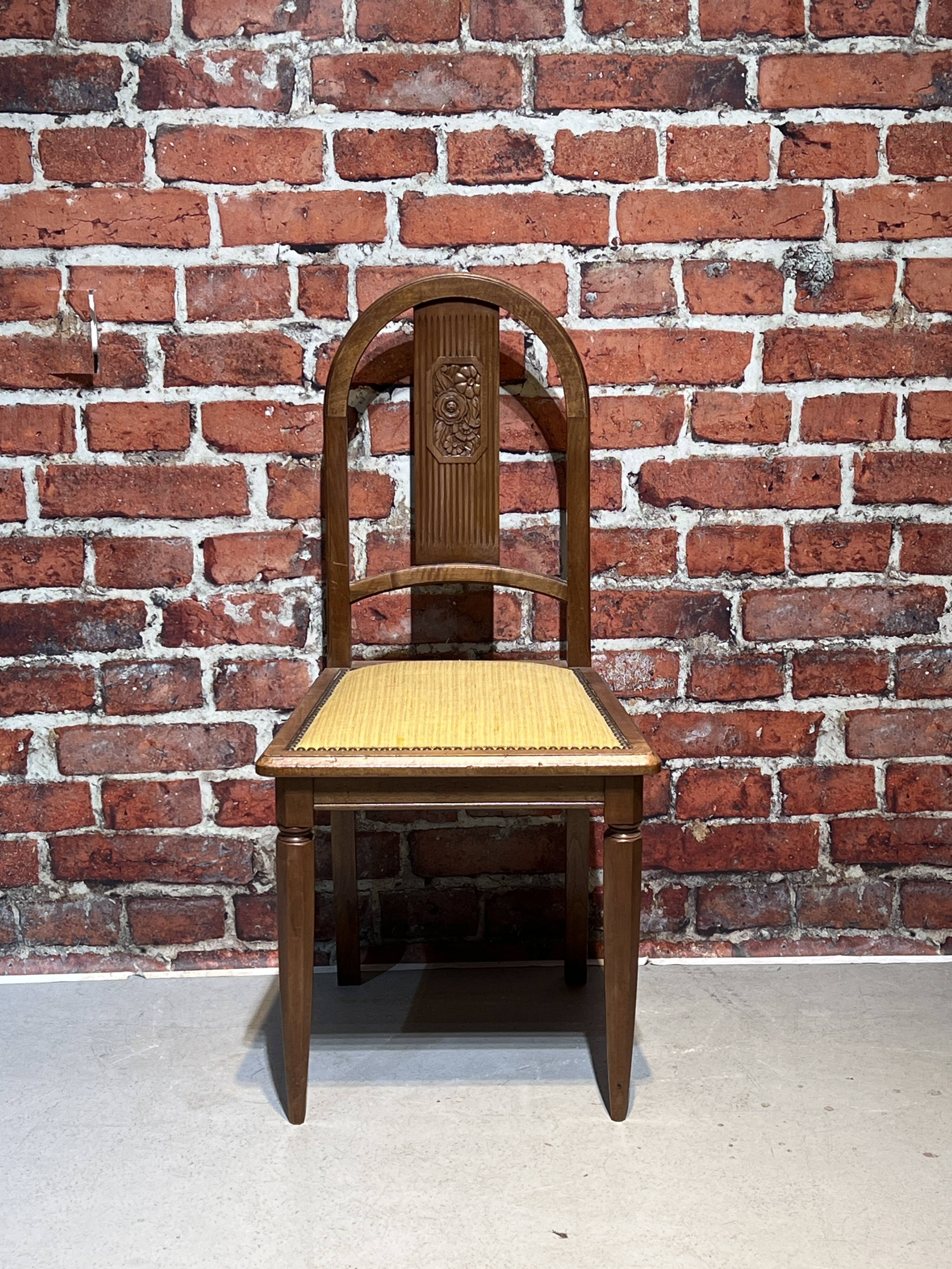 Set of a chair and an armchair in wood and yellow fabric