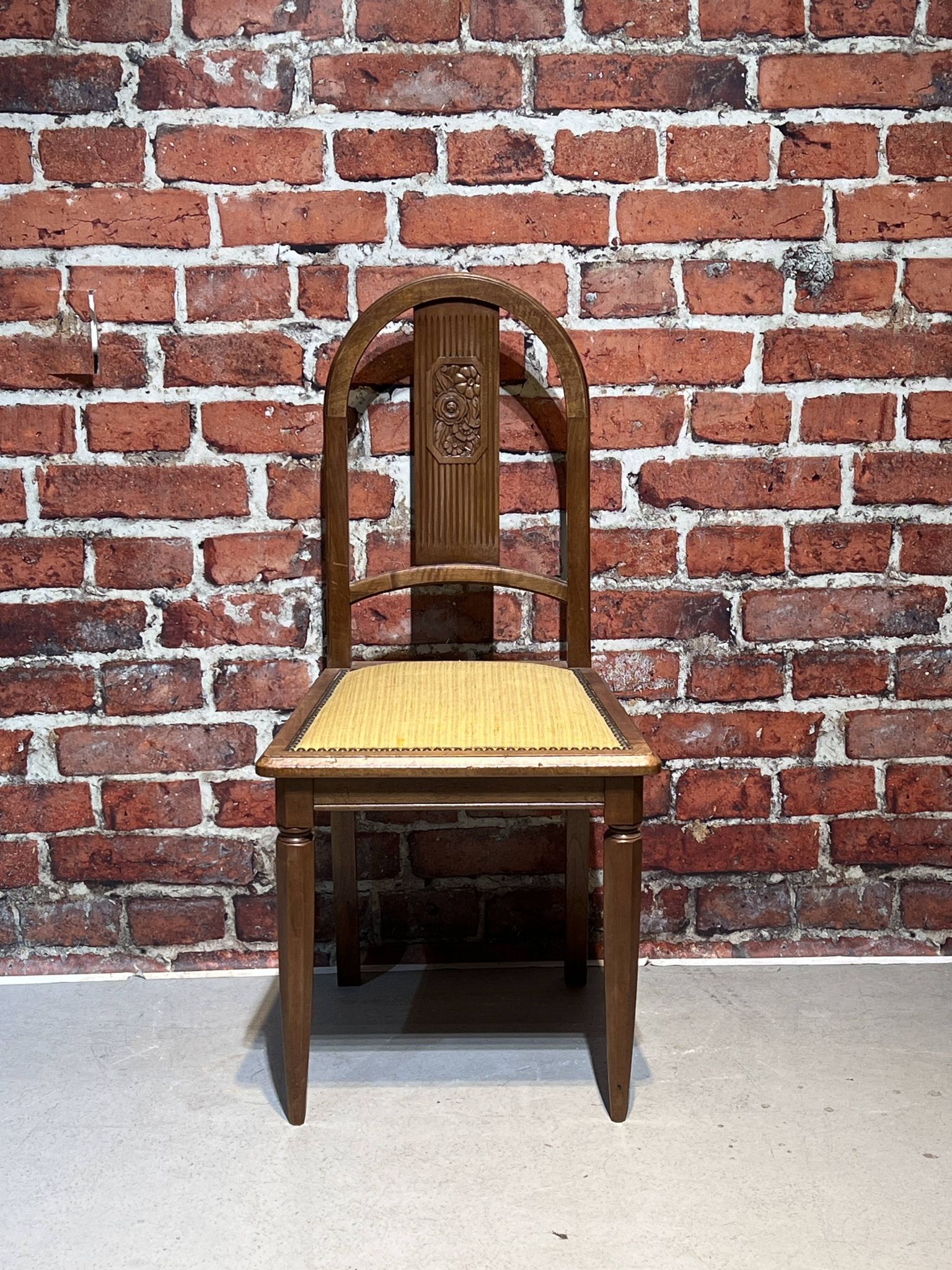 Set of a chair and an armchair in wood and yellow fabric