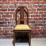 Set of a chair and an armchair in wood and yellow fabric