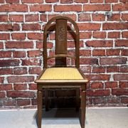 Set of a chair and an armchair in wood and yellow fabric