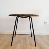 Pair of armchairs and vintage coffee table straw, wood and metal