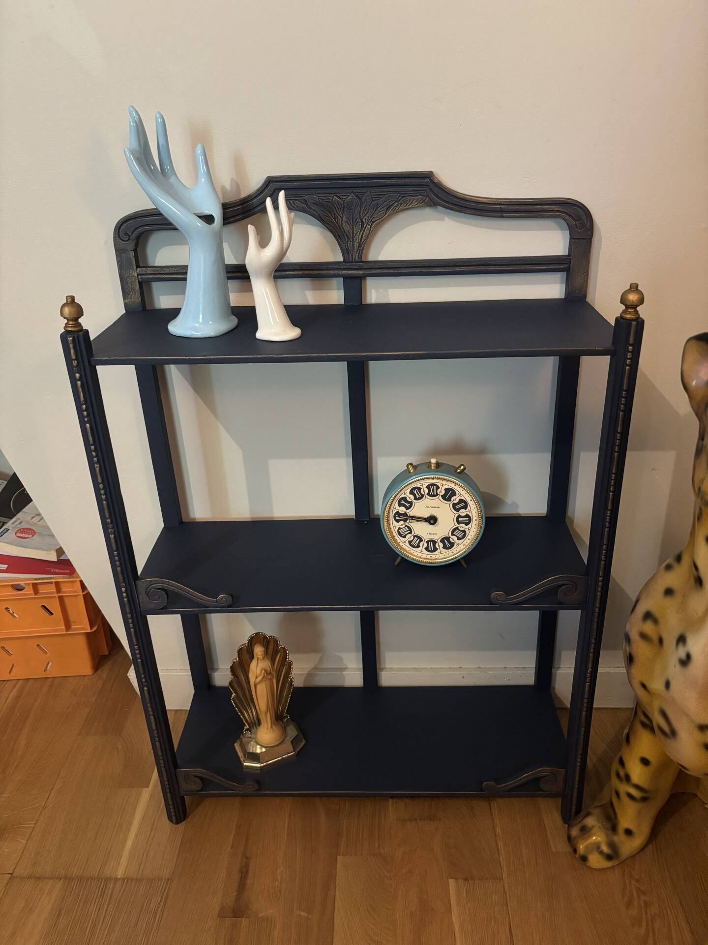 Small vintage shelf reimagined in midnight blue & gold, curiosity cabinet.