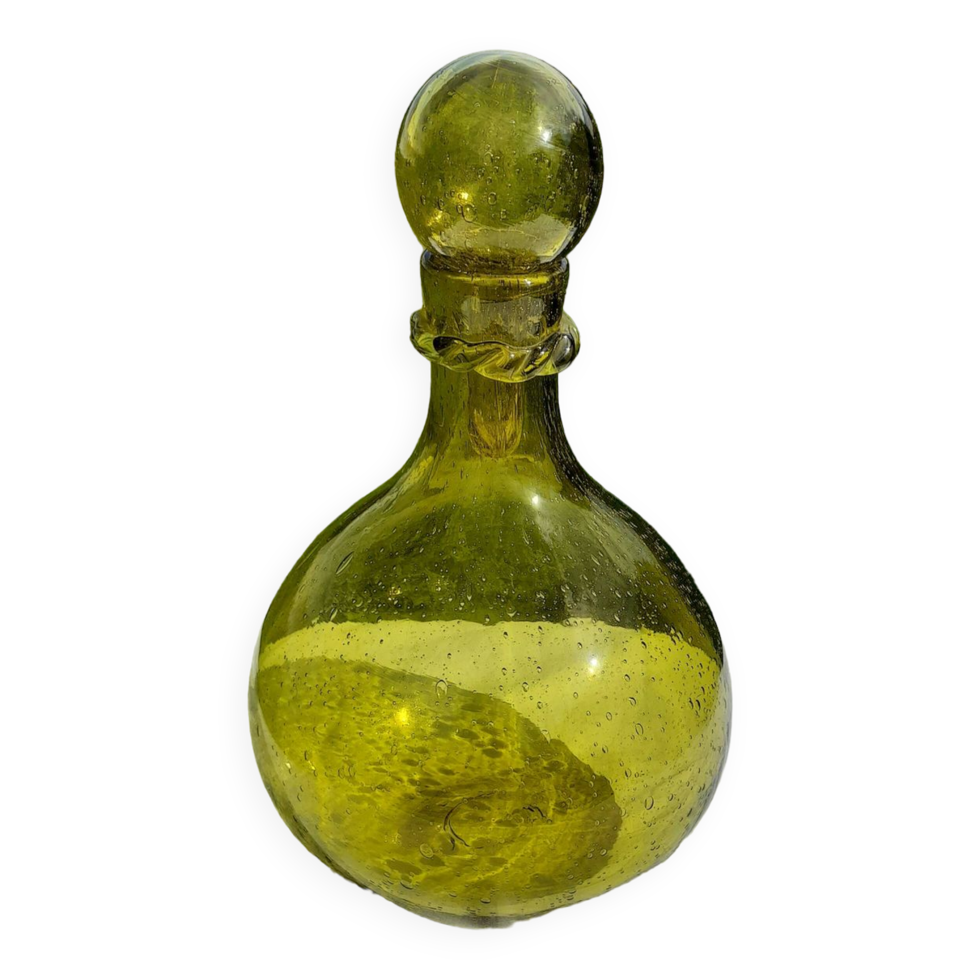 Dame Jeanne en verre bullé verrerie  de Biot vert H 39 cm