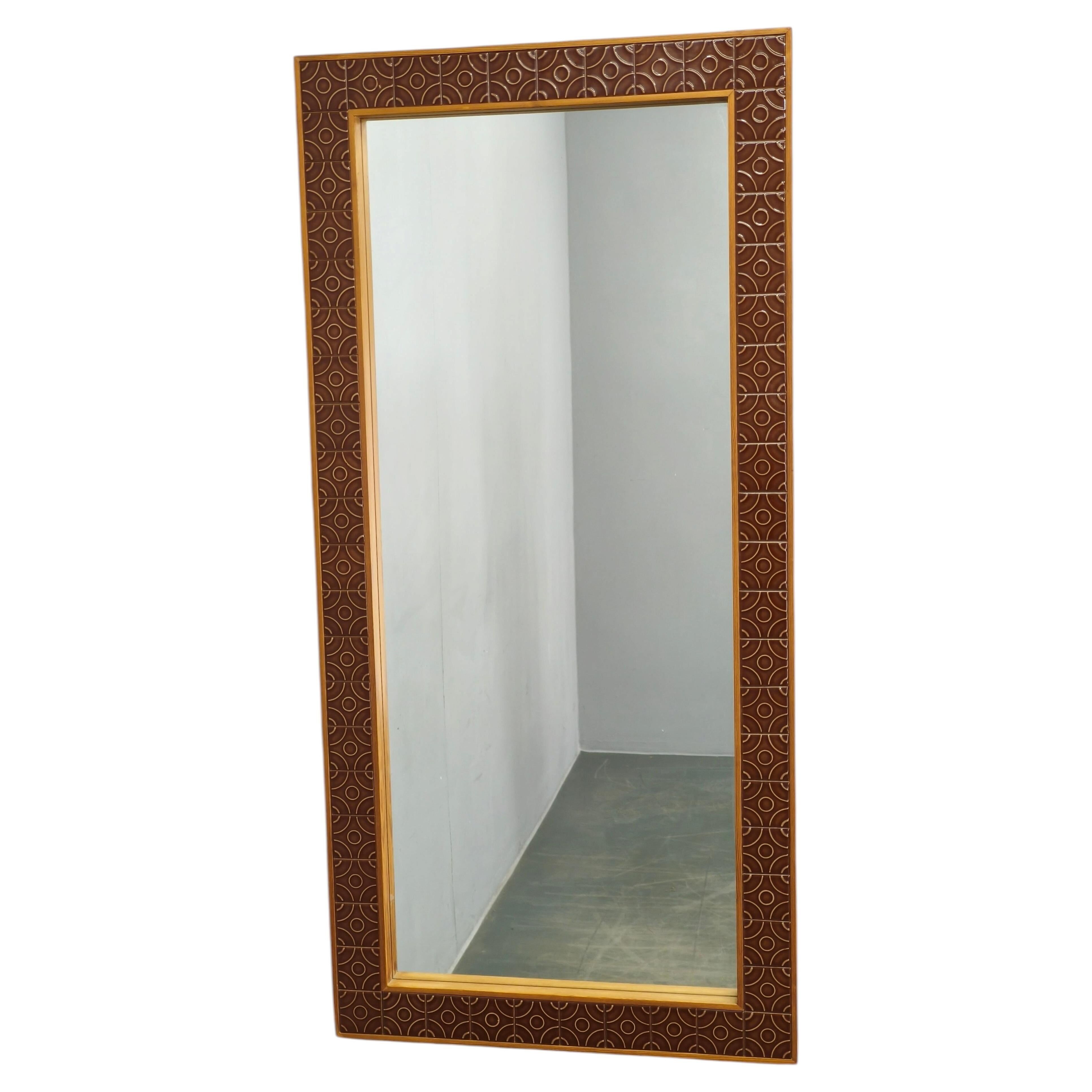 Danish Pine and Ceramic Tile Wall Mirror, 1960s