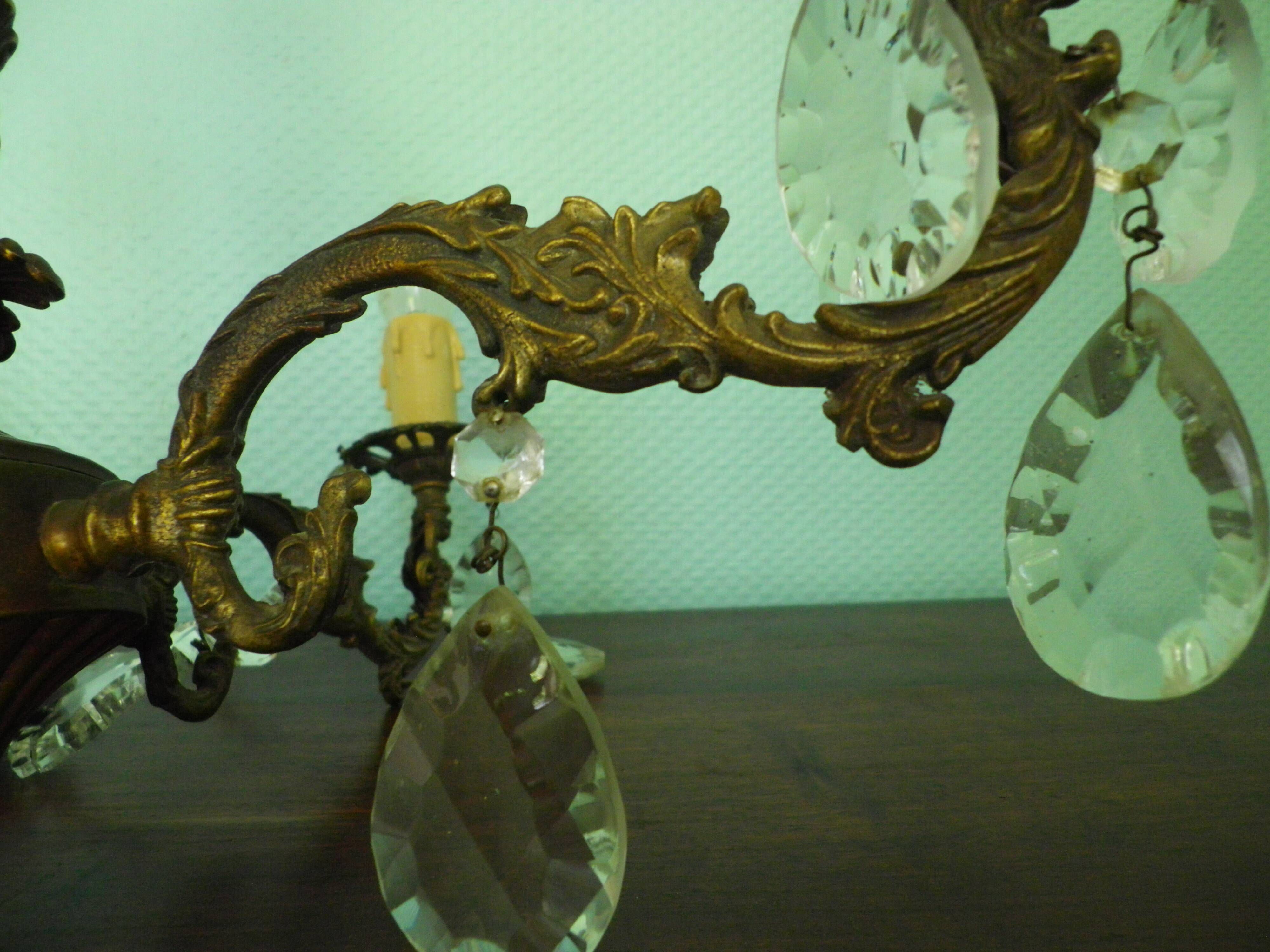 Rococo chandelier with crystal pendants, 4 lights, brass and metal 1950/1960