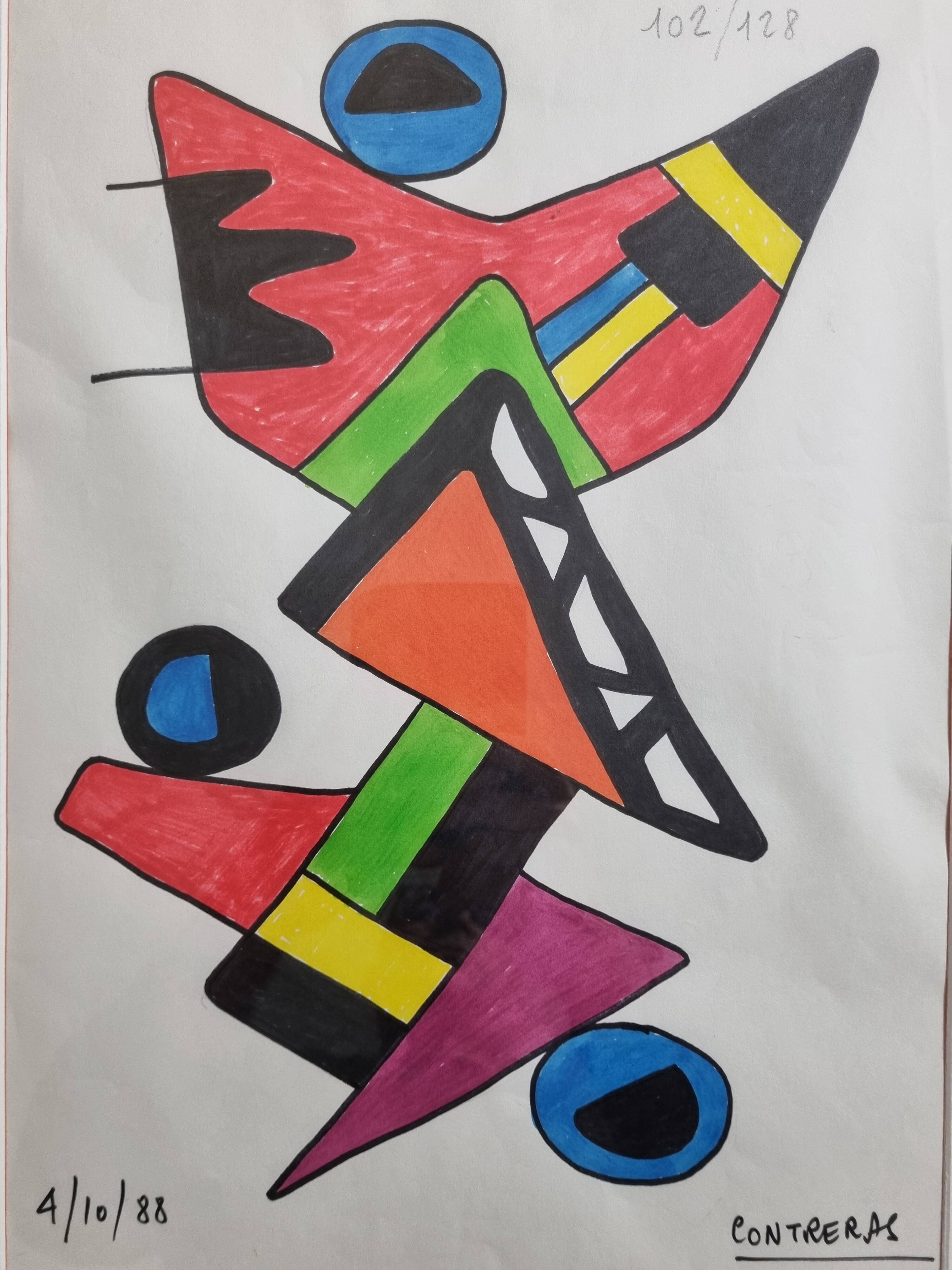 Abstract composition, original drawing signed Contreras, 1980s, 32 x 42 cm framed under glass