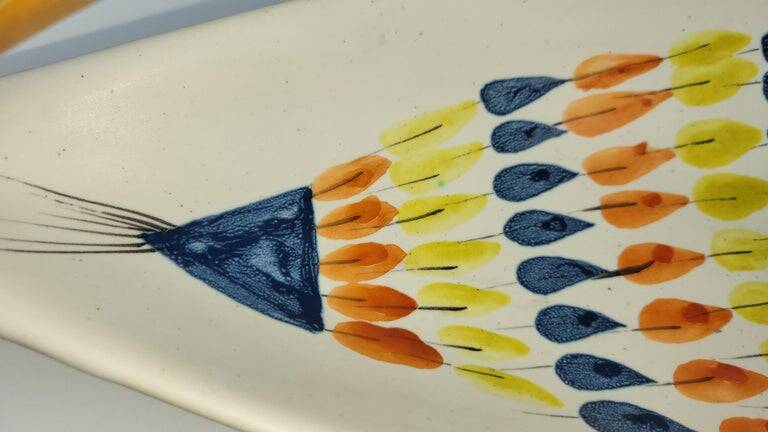 French ceramic empty pocket cup, Roger Capron, fish decoration Vallauris 1950