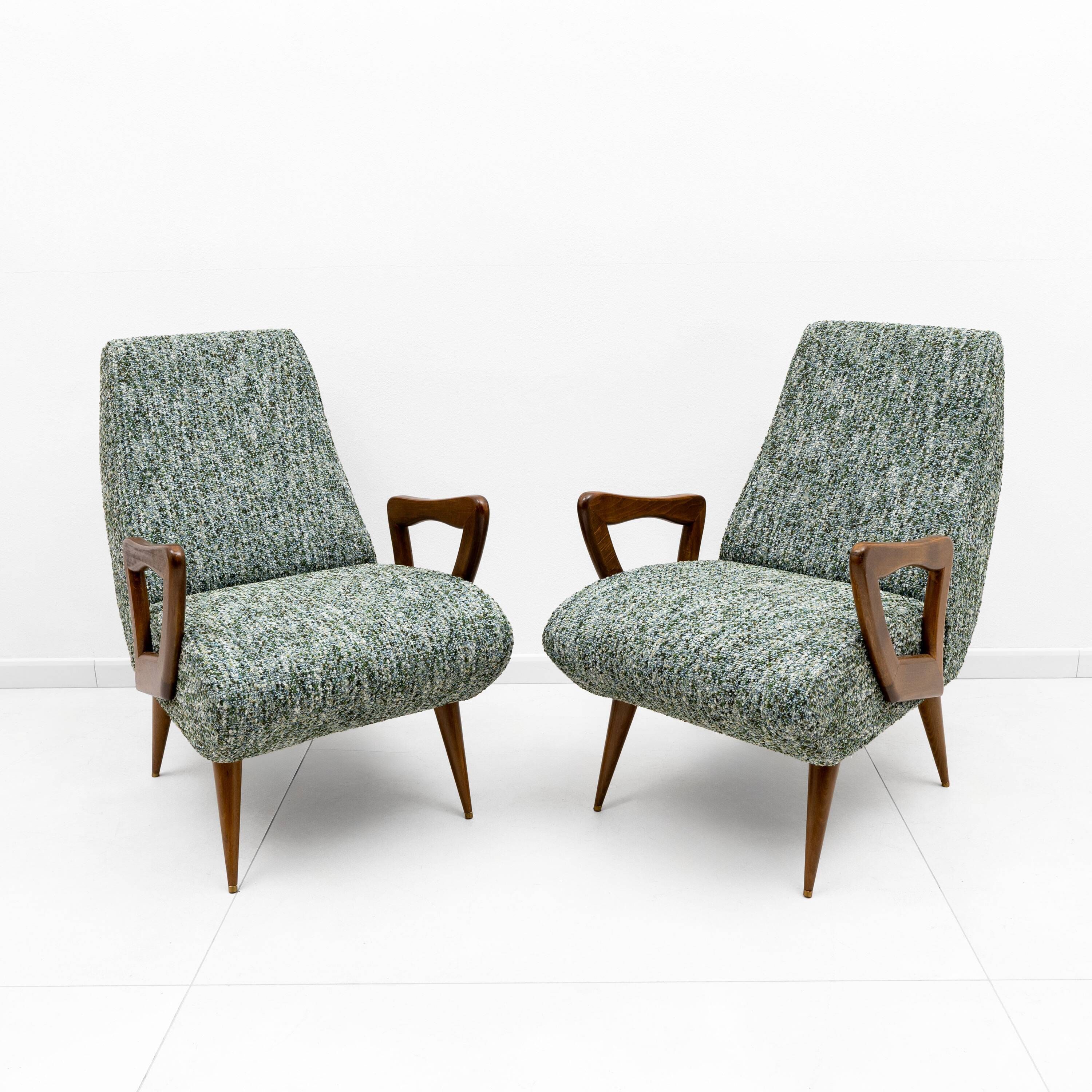 Pair of Italian Mid-Century Modern Armchairs with Sculptural Wooden Arms