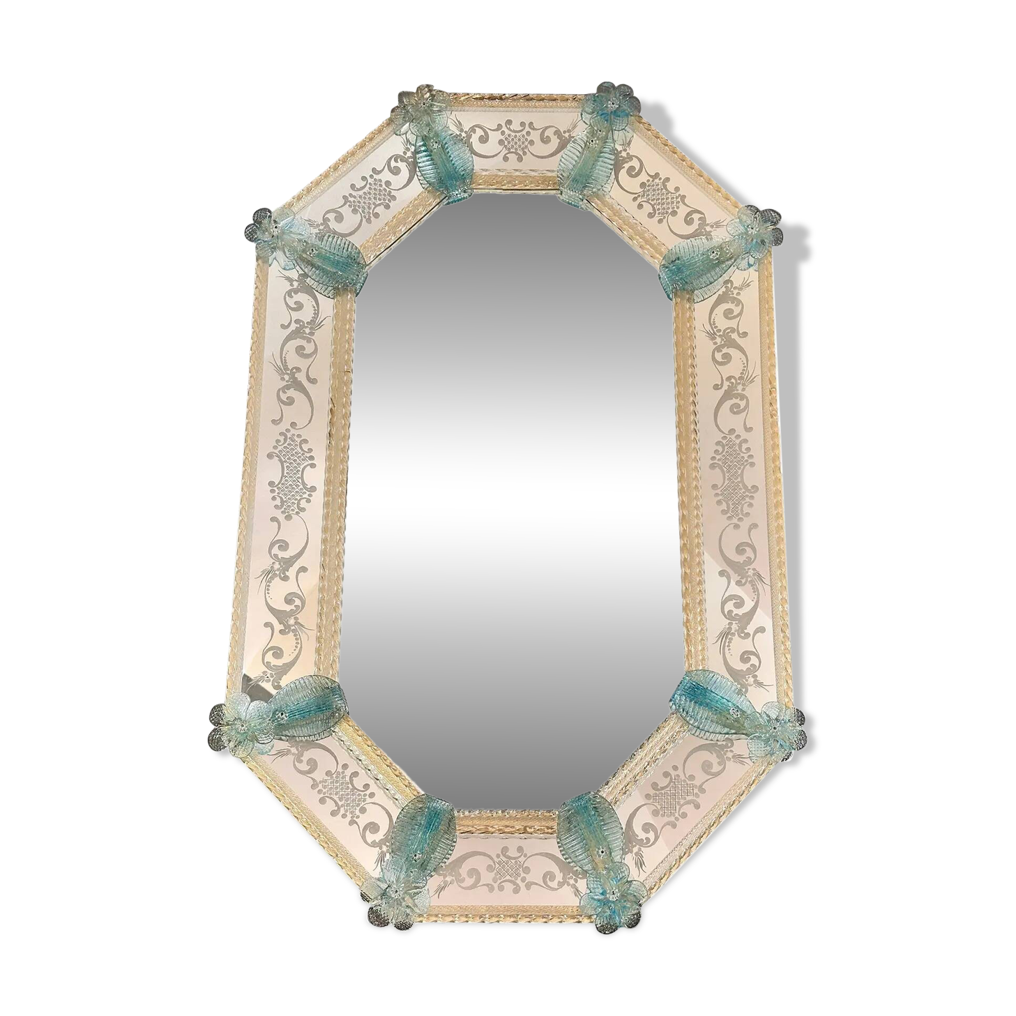 Venetian Octagonal Wall Mirror Hand-Carved in Murano Glass with Light Blue Finish
