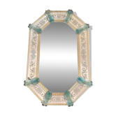 Venetian Octagonal Wall Mirror Hand-Carved in Murano Glass With Ligh-Blue F
