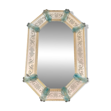 Venetian Octagonal Wall Mirror Hand-Carved in Murano Glass with Light Blue Finish