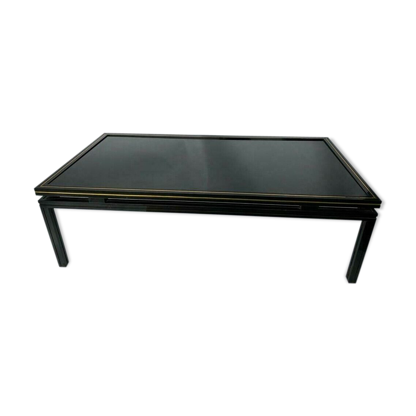 Coffee table laque Pierre Vandel 1980 metal black glass smokes