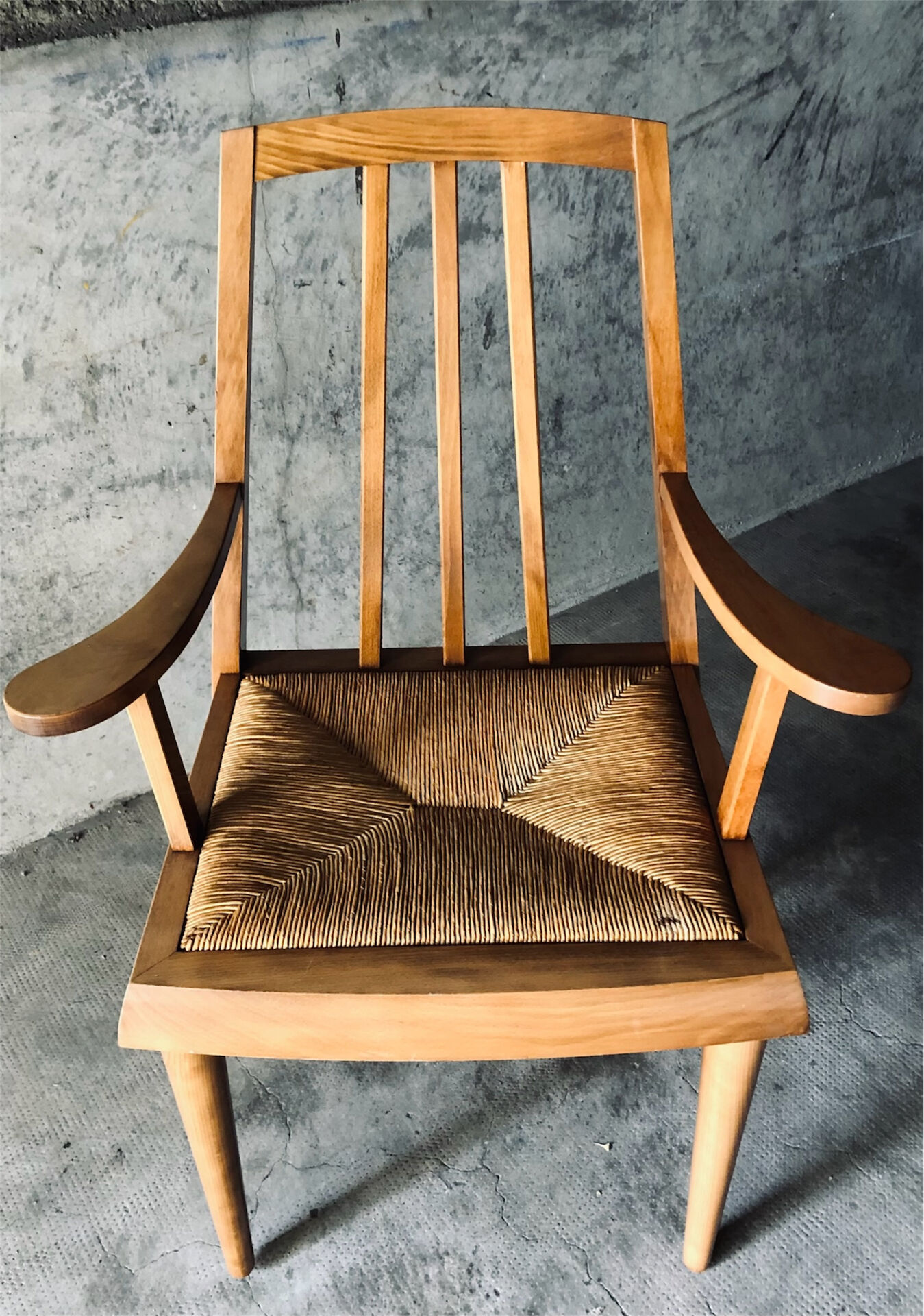 Solid wood and straw armchair, Reconstruction style, France