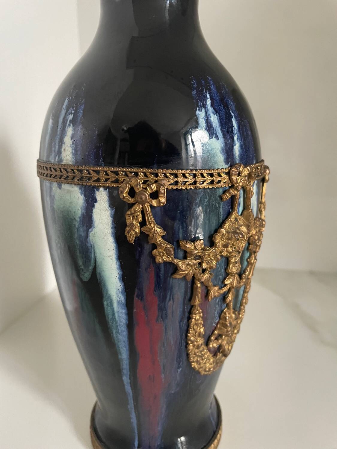Ceramic vase with enamel drips, brass mount, around 1920, Be
