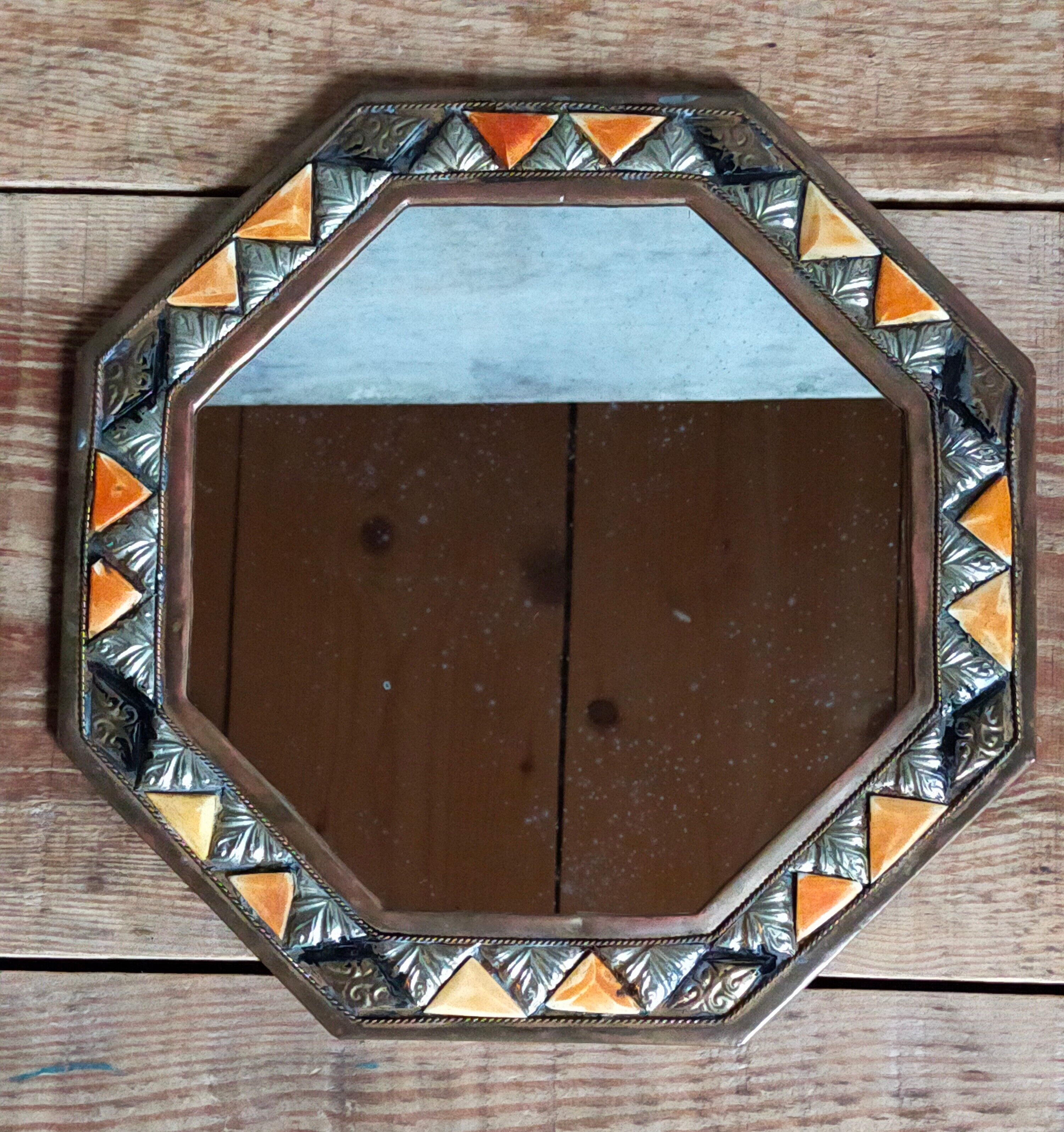 Octagonal mirror to hang metal and vintage inlays