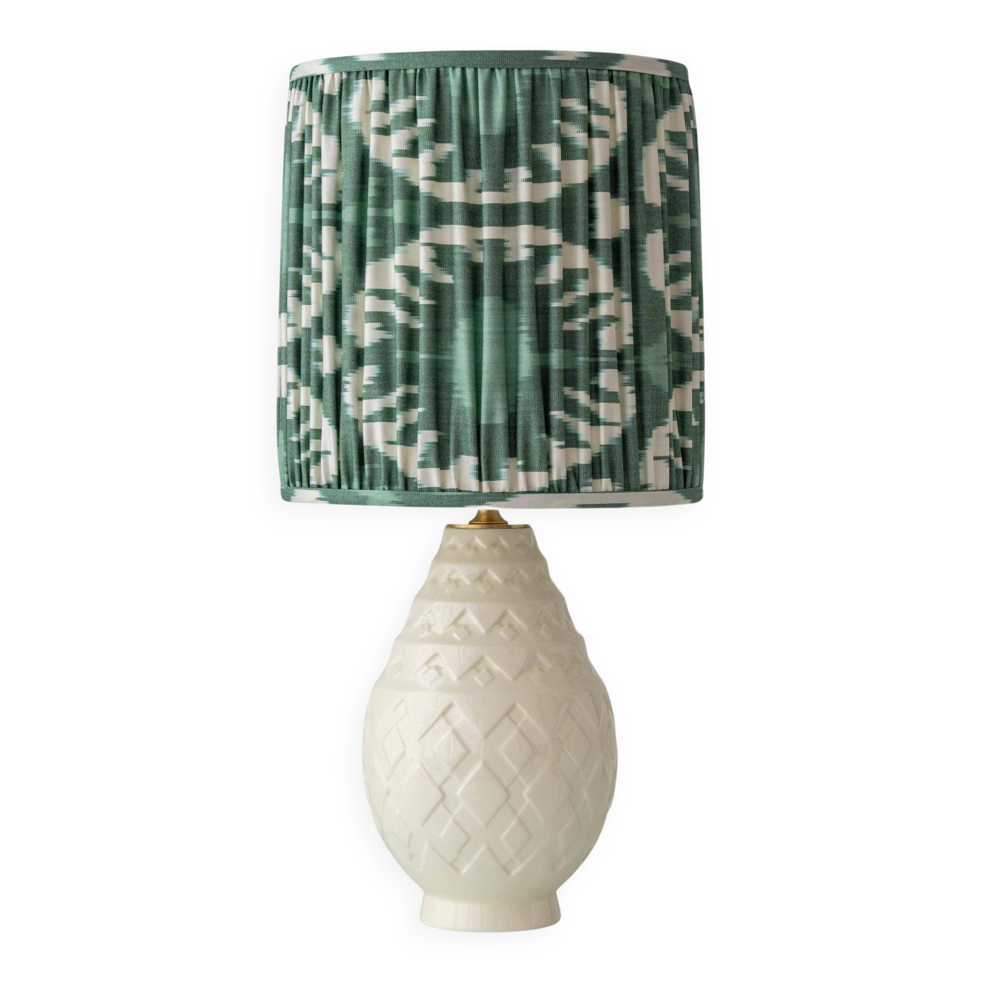 Art Deco table lamp by Charles Catteau for Boch Frères "Pineapple" with new Ikat silk shade.