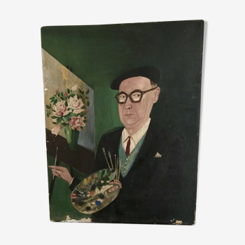 Portrait à l'huile peintre à lunettes