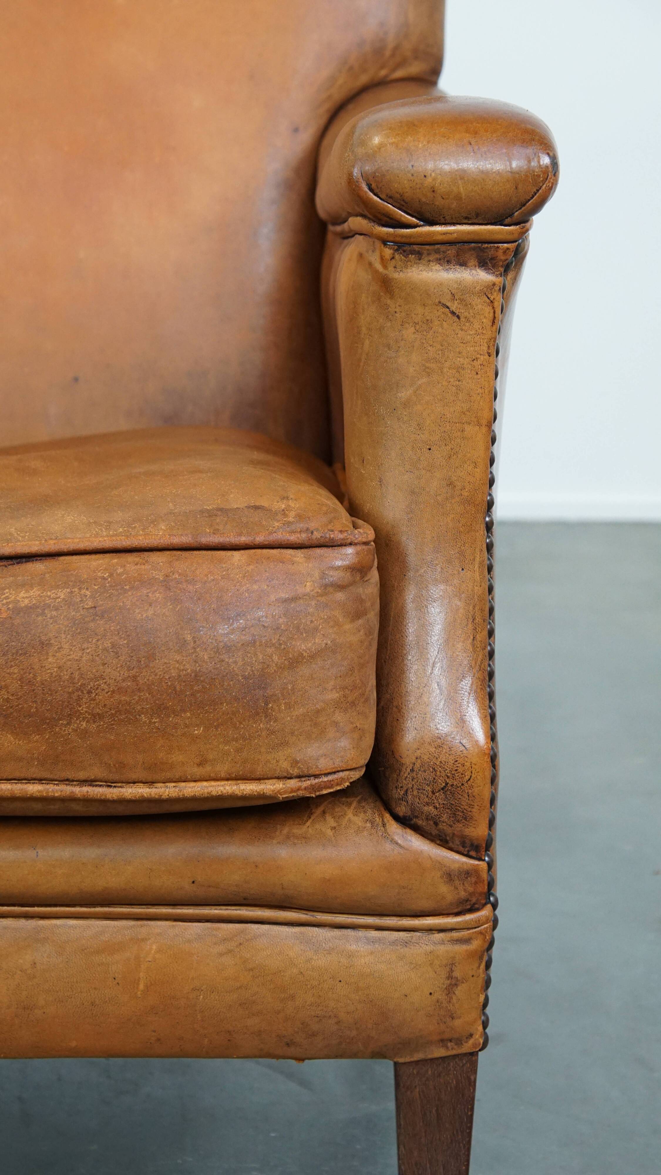 Cognac-Colored Sheepskin Leather Armchair with Straight Lines