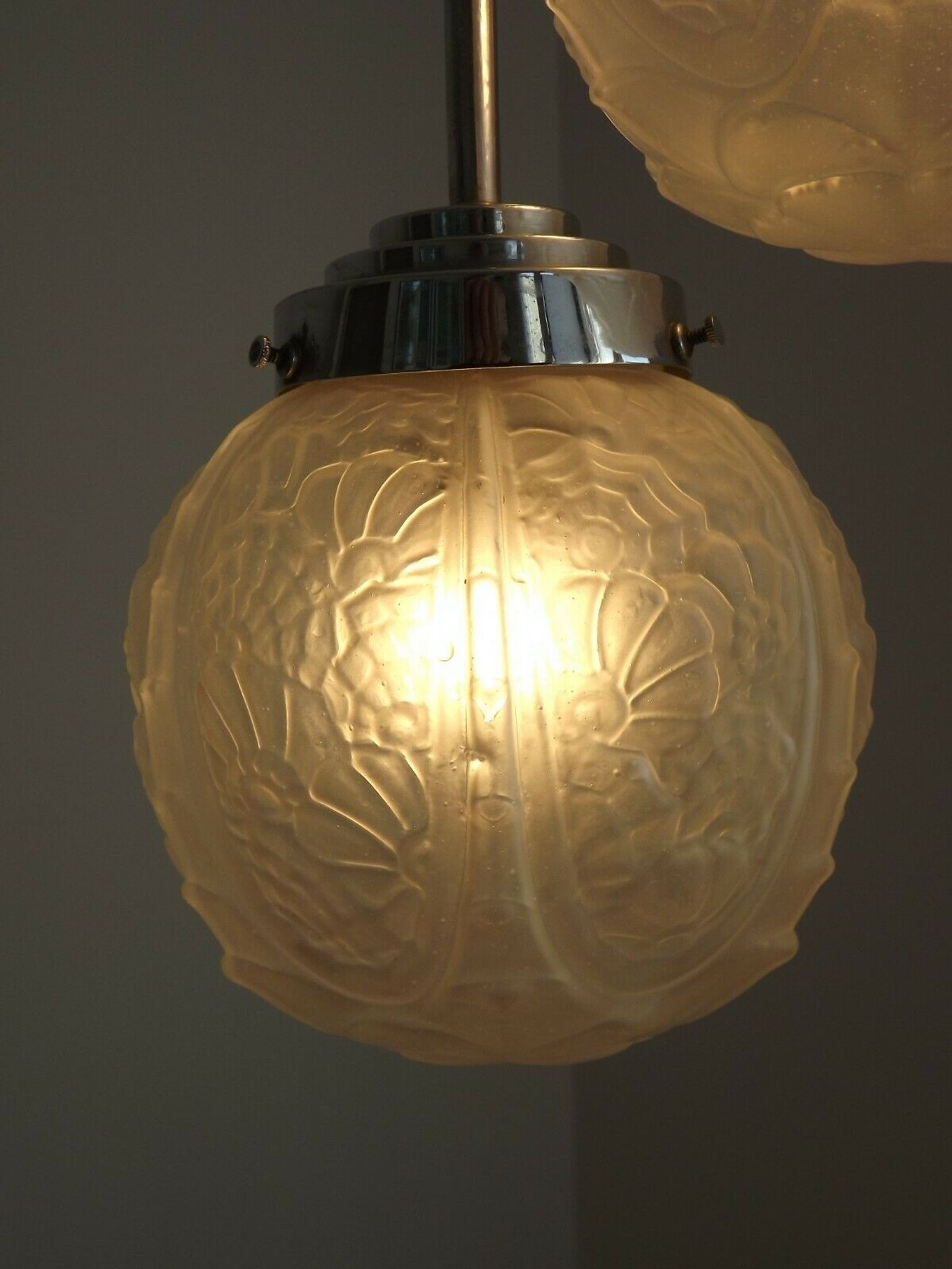 french art deco light in chrome with 3 floral opaque glass shades