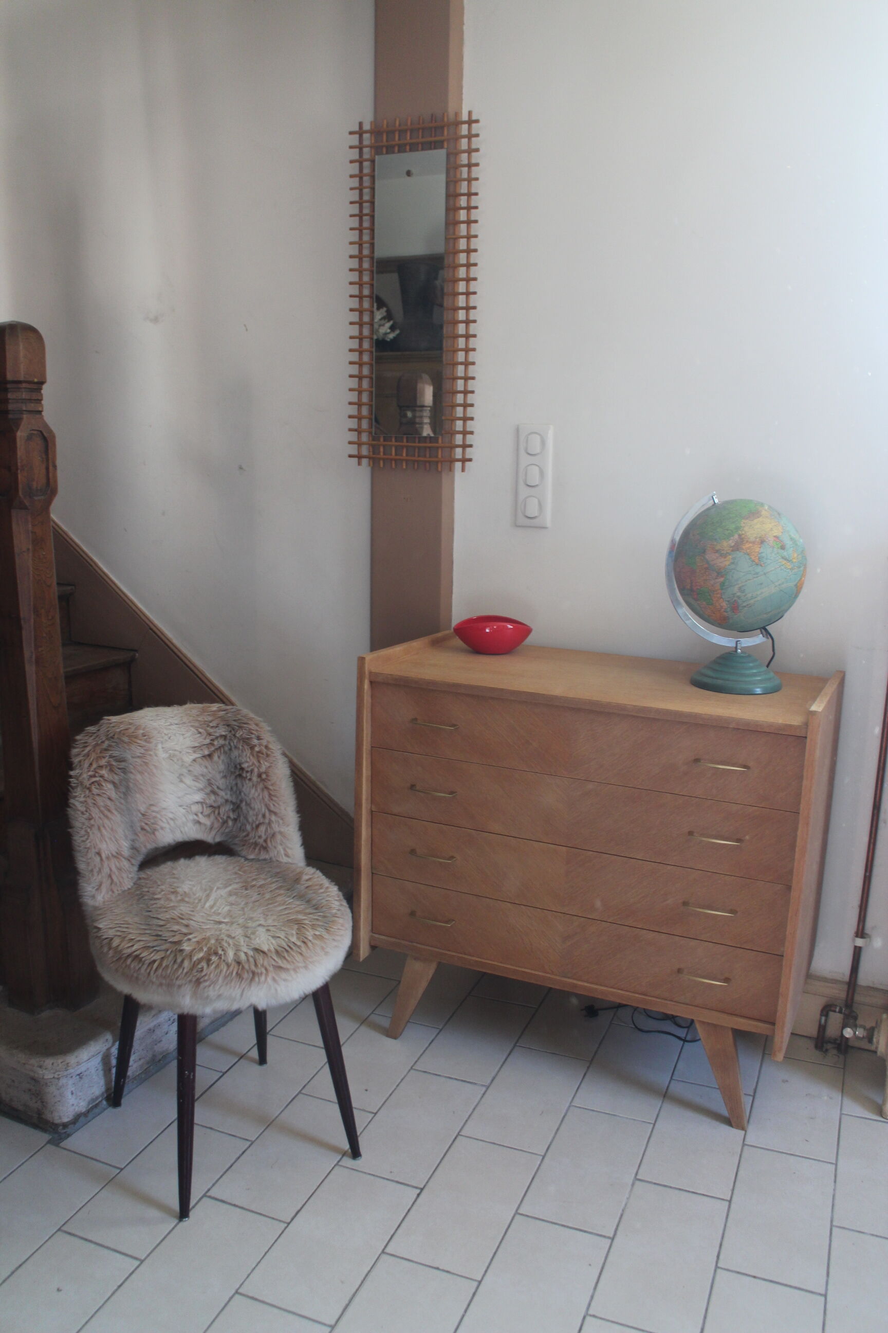 Chest of drawers with compass feet in raw wood