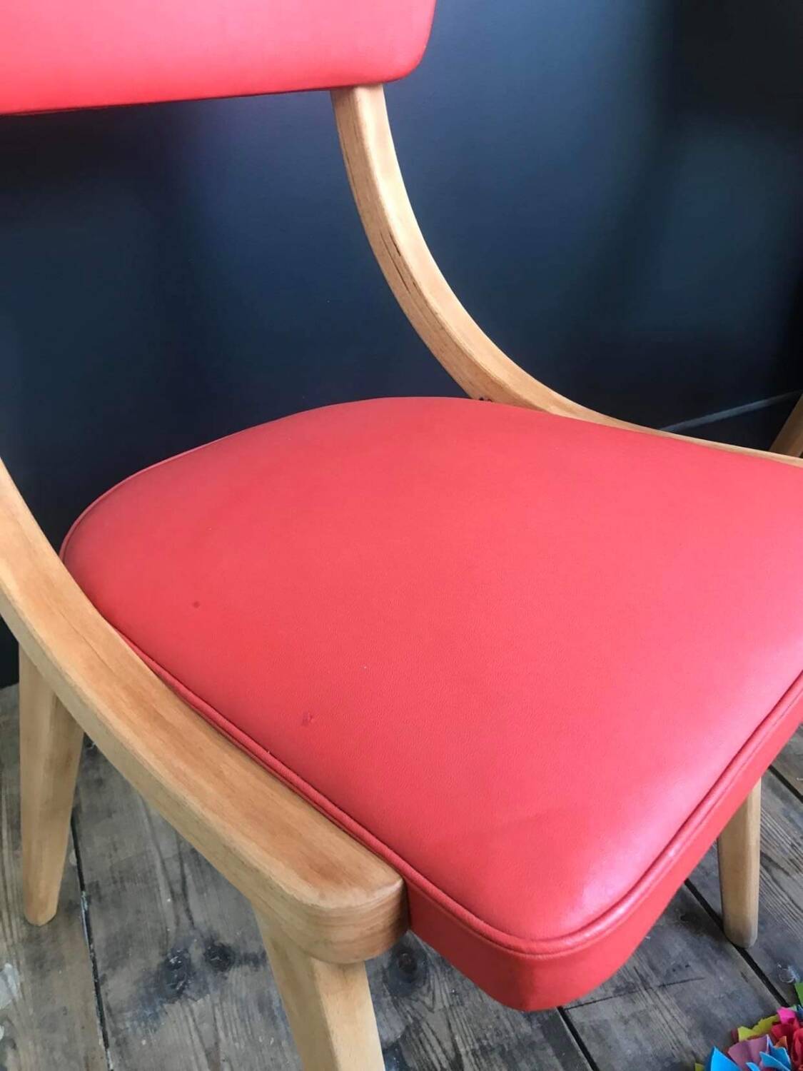 Pair of vintage solid wood and leatherette chairs from the 60s