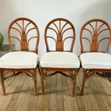 Set of 3 rattan / bamboo chairs with cushions years 1960-1970