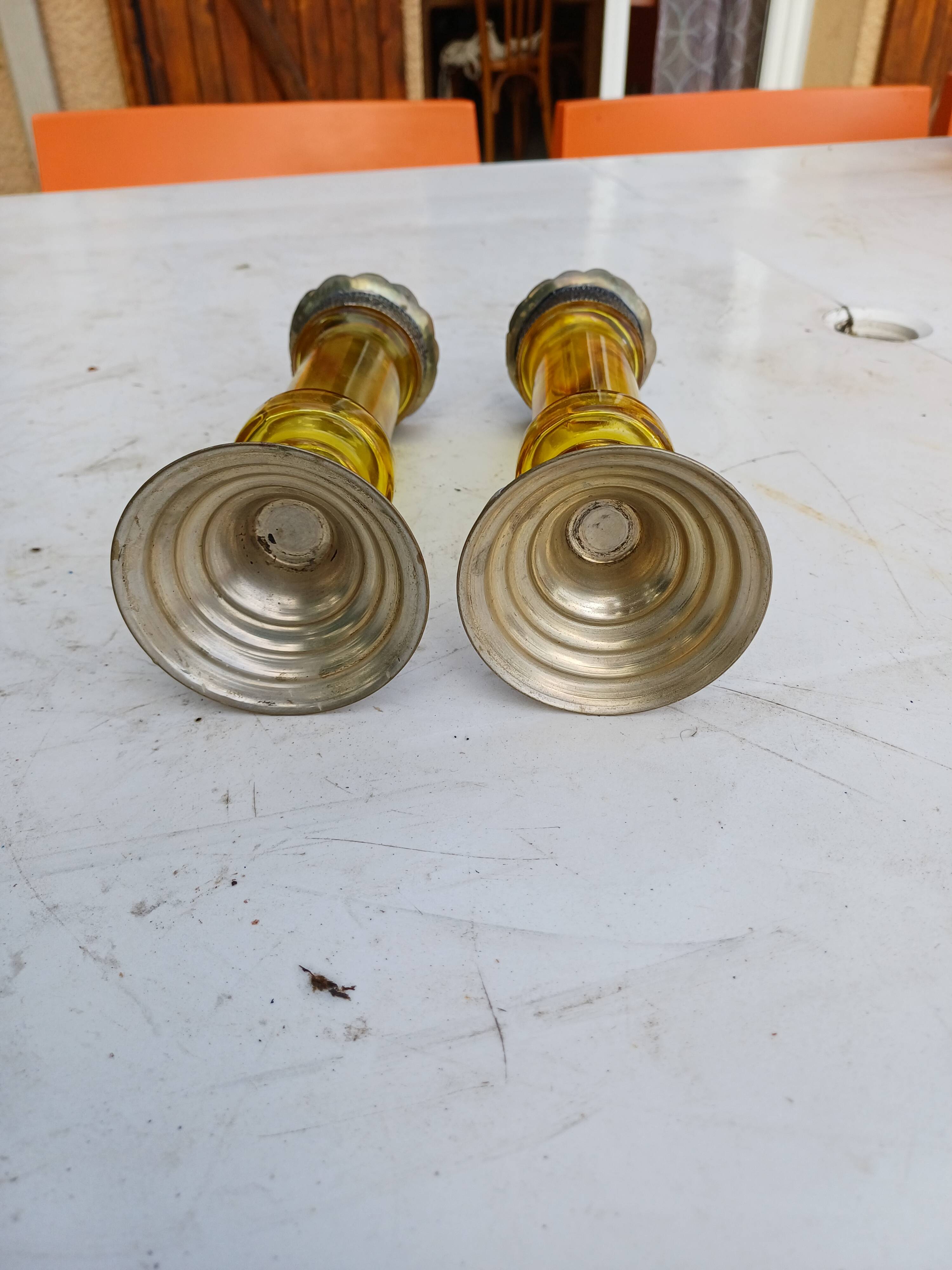 Pair of Silver Metal Candlesticks, Yellow Glass