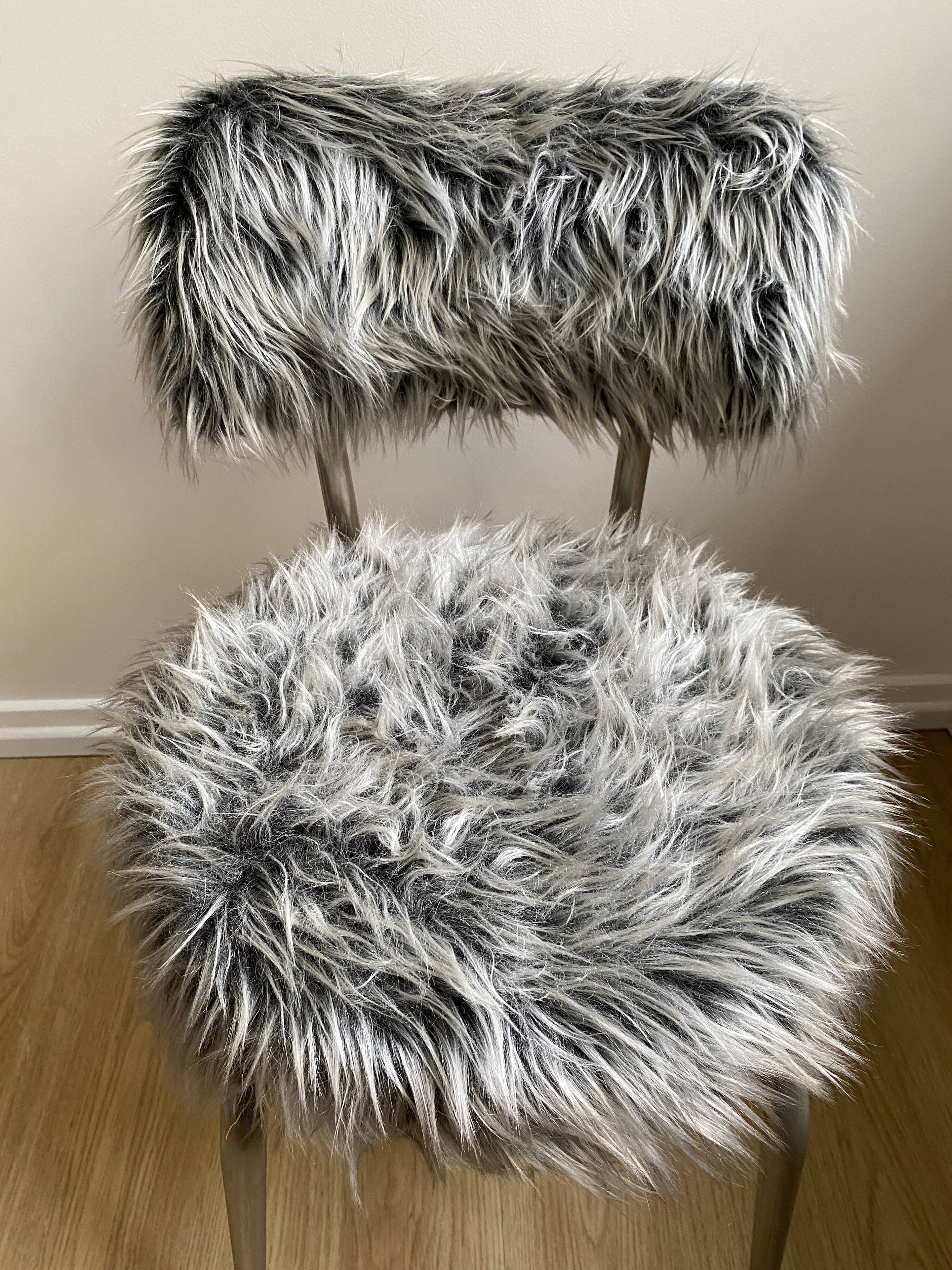 Vintage chair, gray long-haired synthetic fur