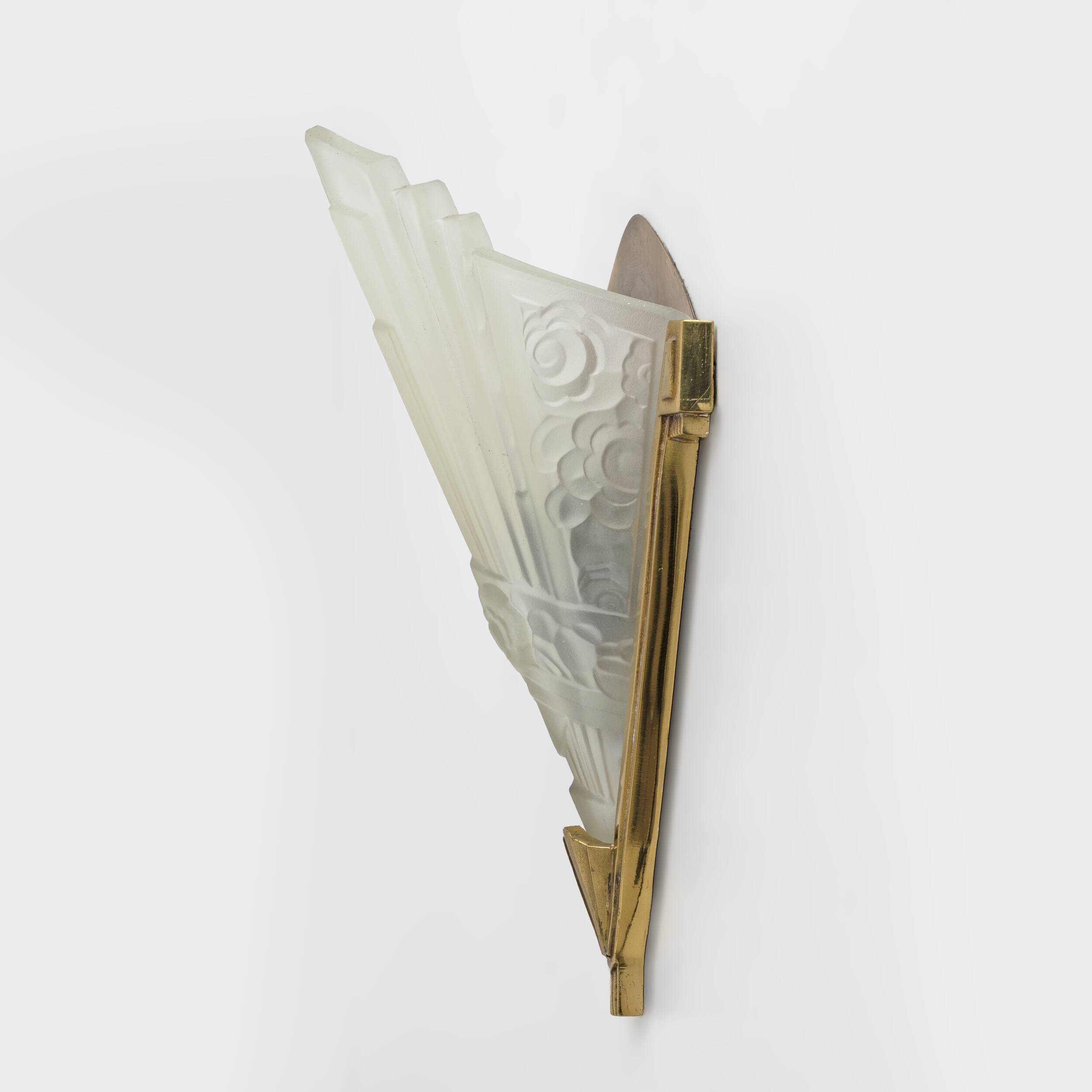 Pair of Art Deco Pressed Glass and Brass Sconces, France, 1930s