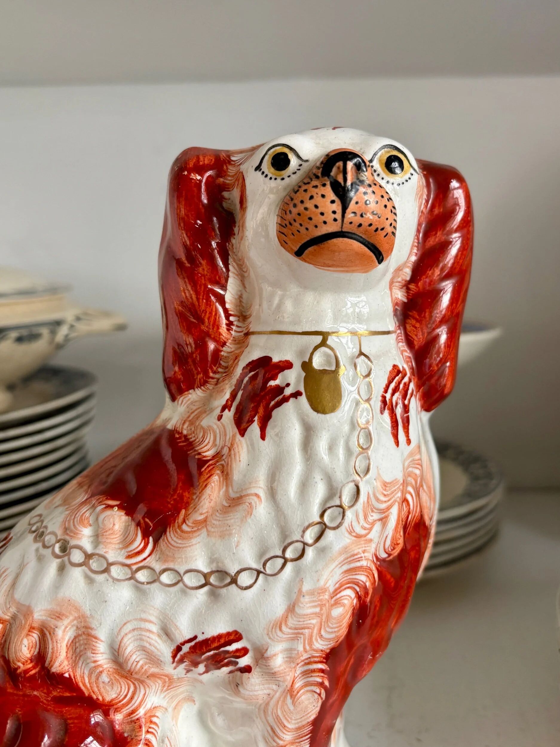 Staffordshire porcelain King Charles Cavalier dog in red, number 2, 19th century.