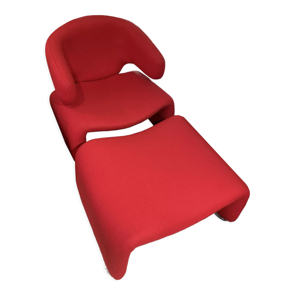 Fauteuil et repose pied "djinn" par Olivier Mourgue, edition Airborne - rouge vif - Bon état sur Selency