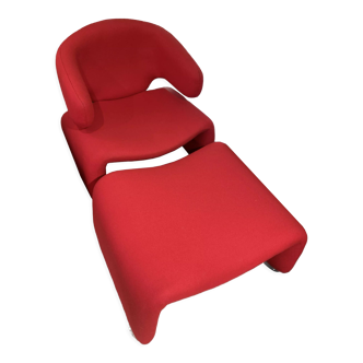 Fauteuil et repose pied "djinn" par Olivier Mourgue, edition Airborne - rouge vif