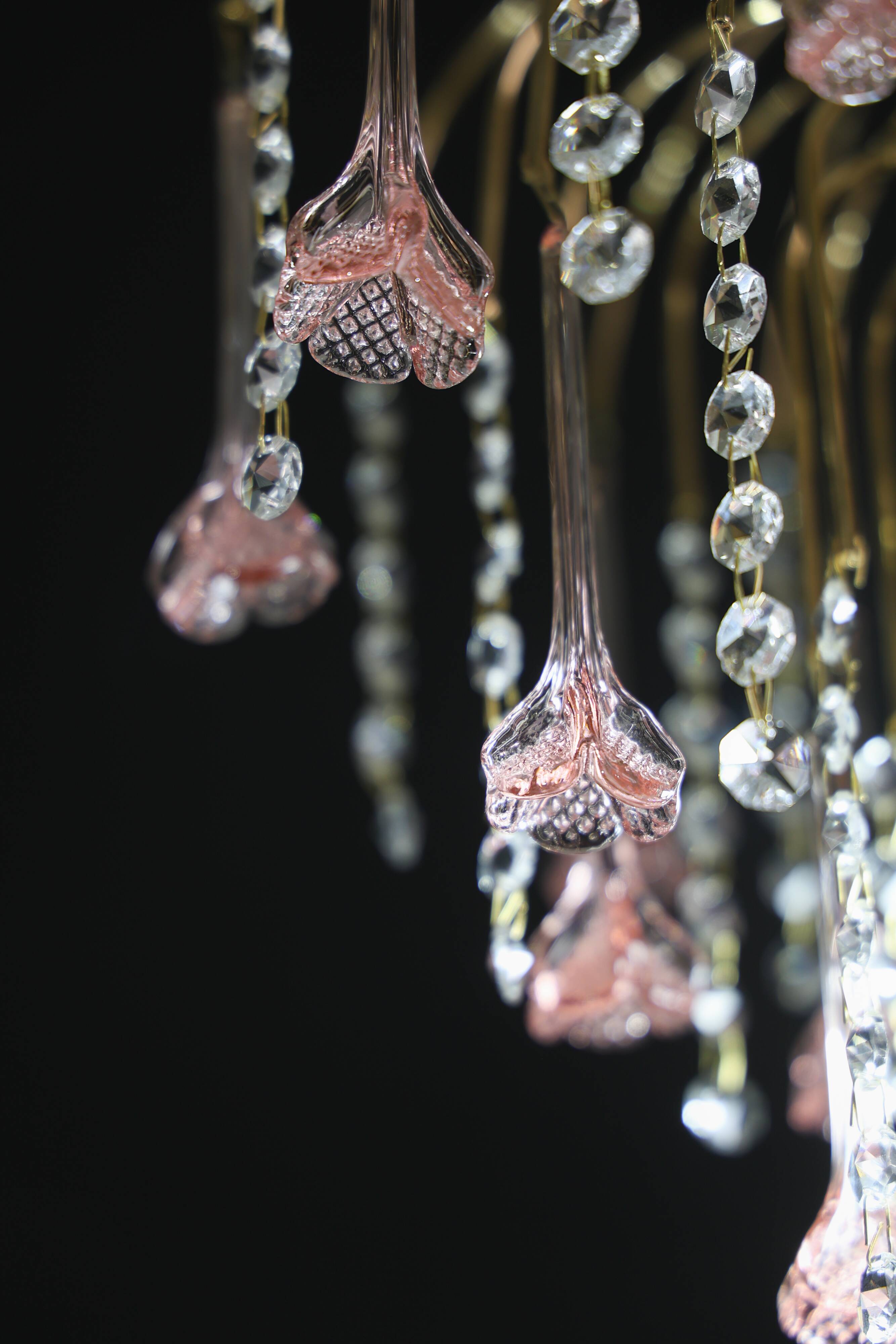 Set of 2 Meryl Streep, Pink Murano Flowers and Crystal Drops Chandelier, 19