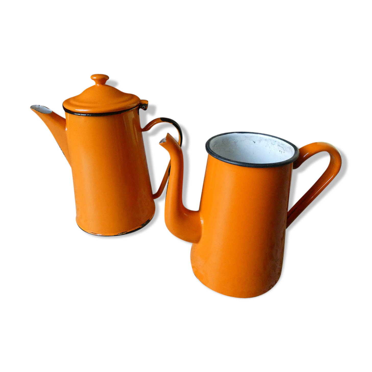 Lot of vintage orange enamelled coffee makers