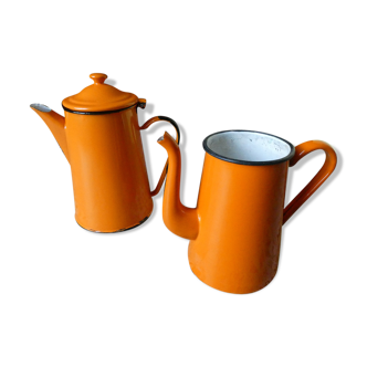 Lot of vintage orange enamelled coffee makers