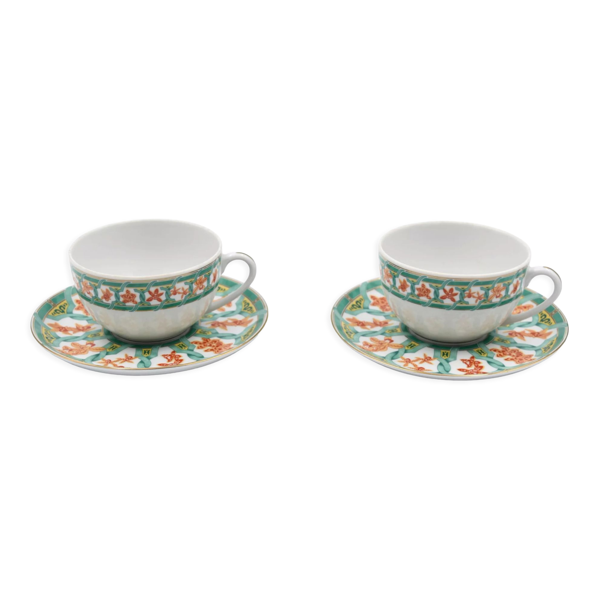 2 cups Christofle Oceana Green Ginkgo porcelain