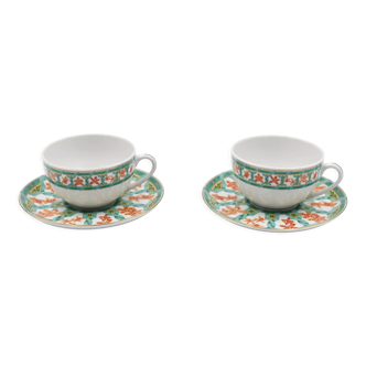 2 tasses et sous tasses à thé Christofle Océana Vert Ginkgo en porcelaine