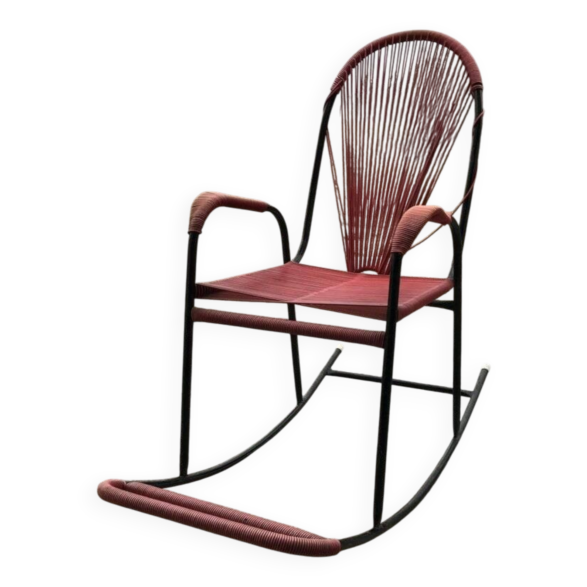 Vintage red metal rocking chair, graphic plastic cord with fan backrest, 1960s.