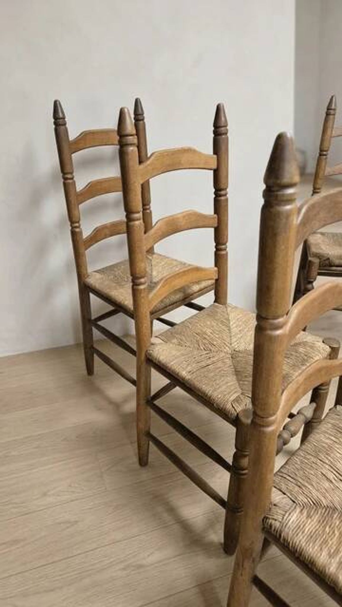 Set of 6 vintage wooden ladder-back dining chairs with woven seats