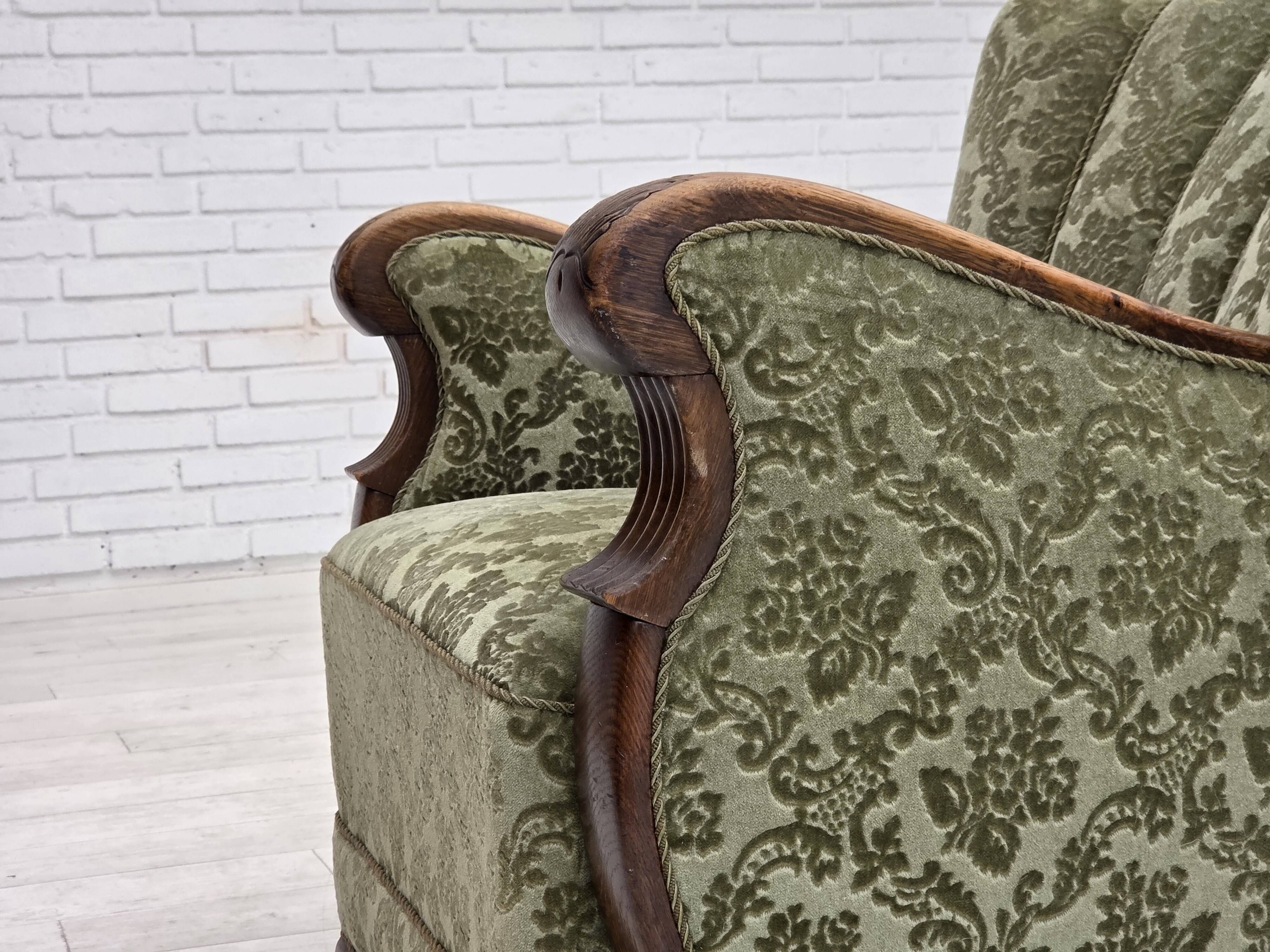1960s, Danish armchair, green furniture velour, solid oak wood.