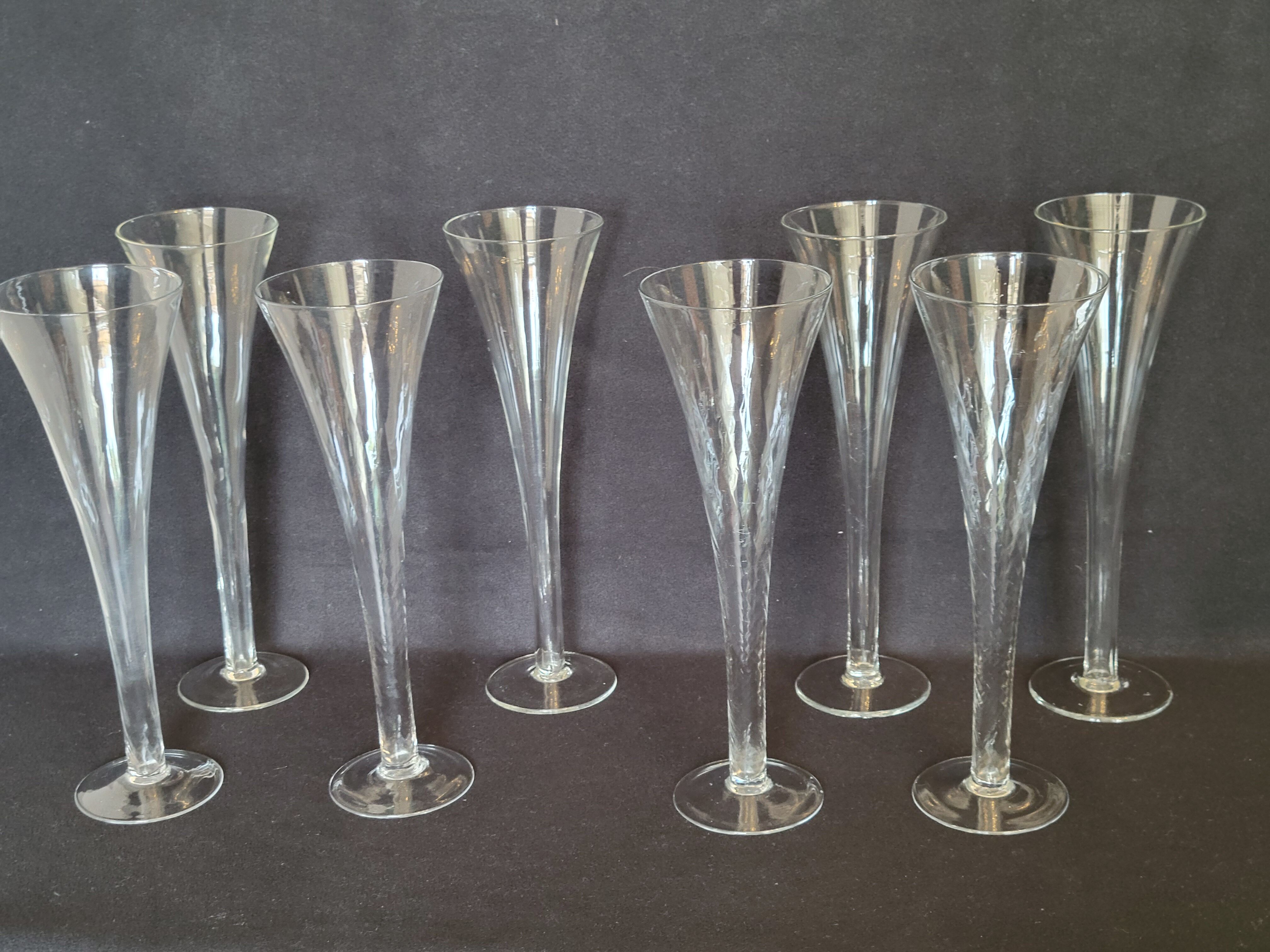 8 old champagne flutes evased blown glass model impossible