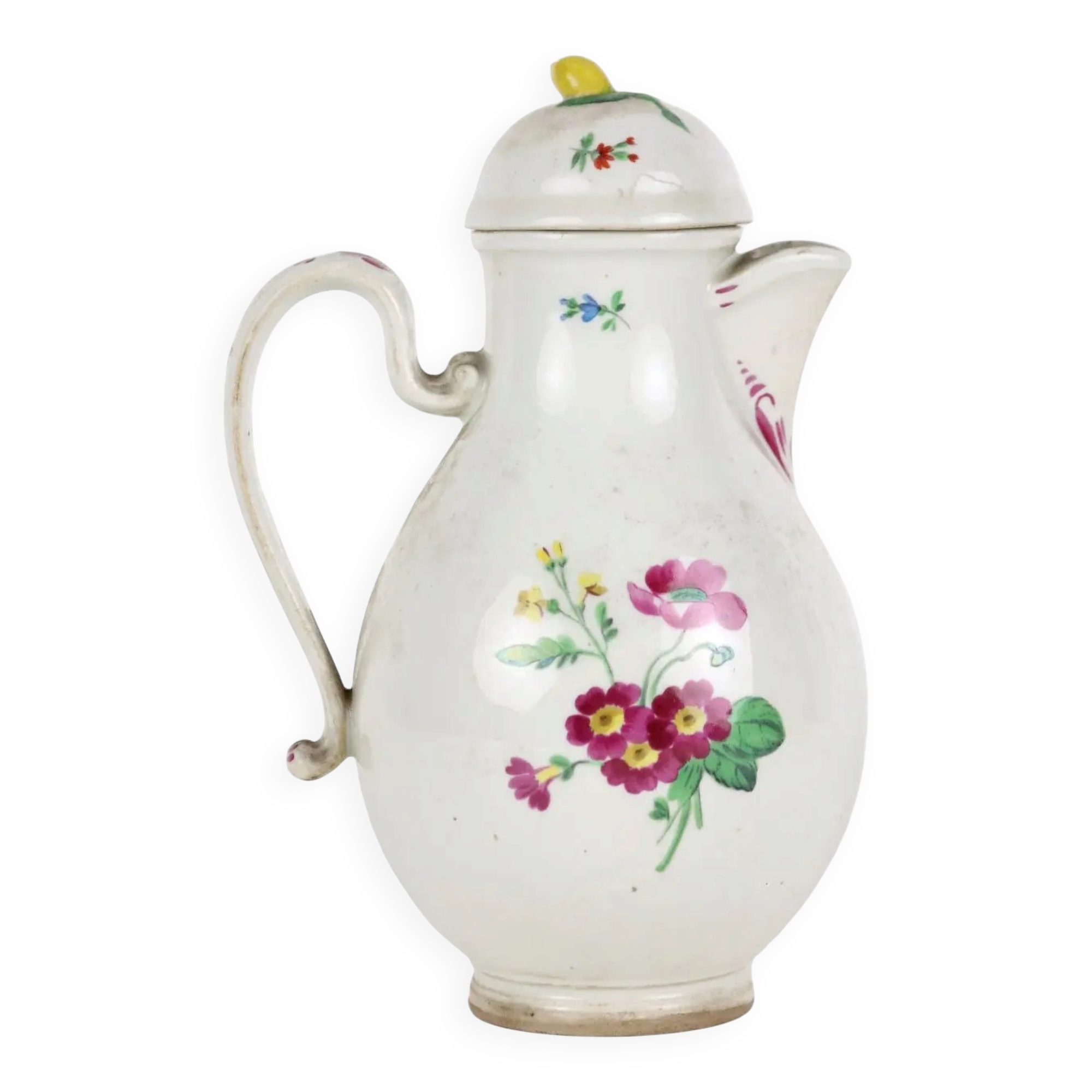 Antique white porcelain coffee pot from Vienna, painted, 18th century.