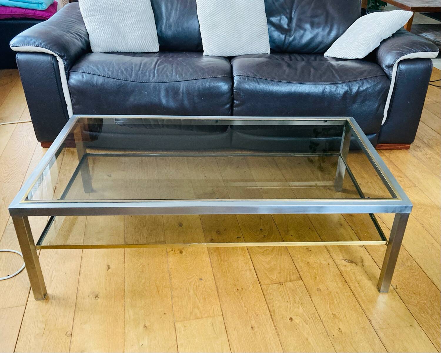 1970s coffee table in brushed metal, brass and smoked glass by Willy R