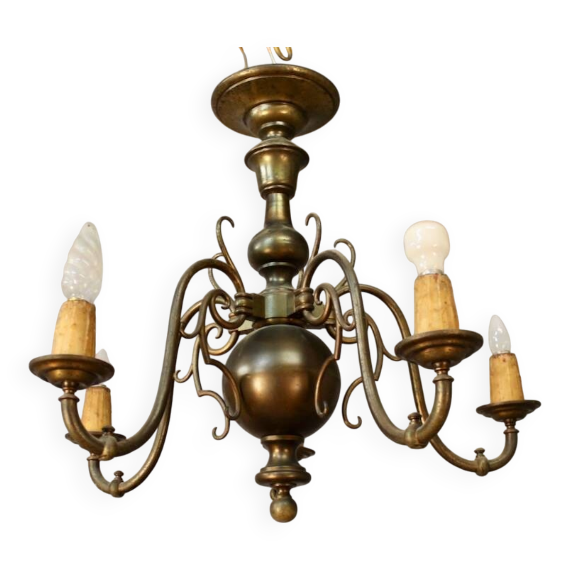 19th Century Dutch Bronze Chandelier with 5 Light Arms